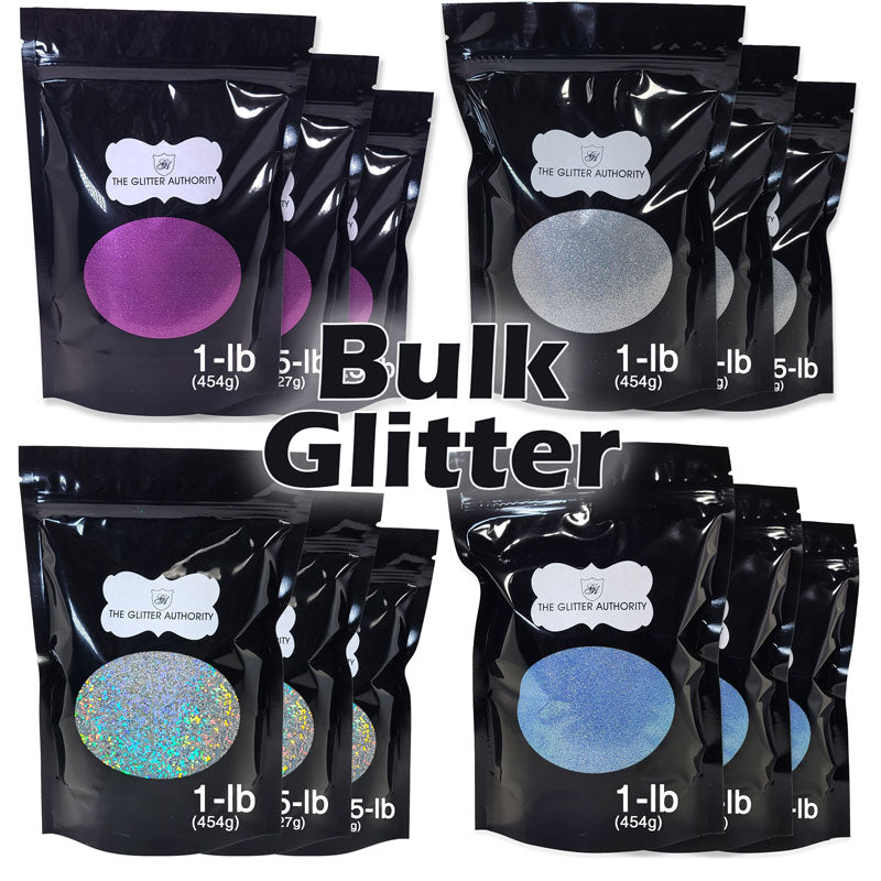 Bulk glitter available in 1 pound, .5 pound, .25 pound, 1 ounce bags and small jars.