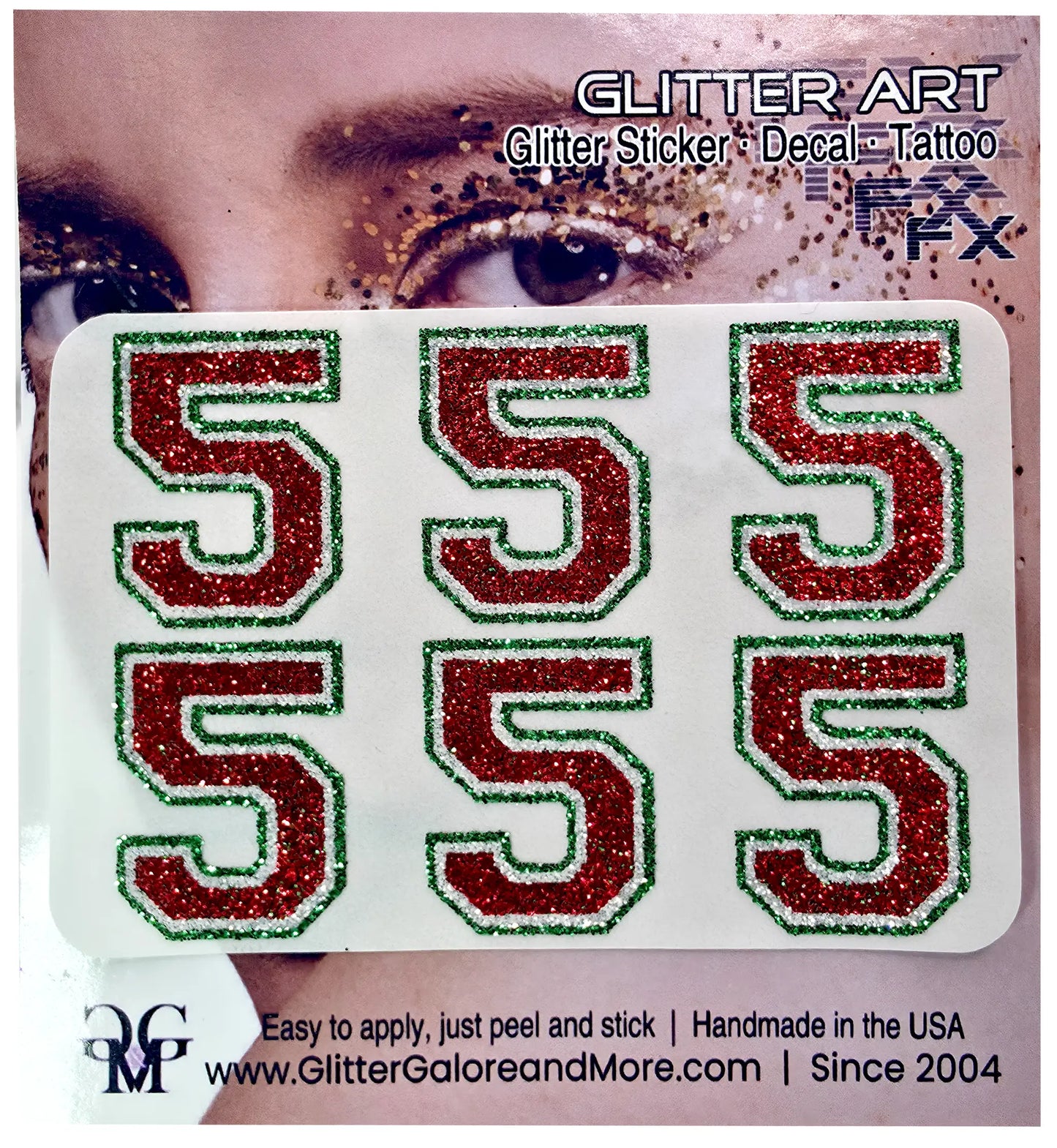 Number 5 in green, white and red glitter.