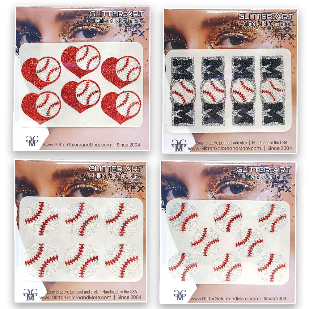 Get your gameface on with these fun baseball glitter face stickers!