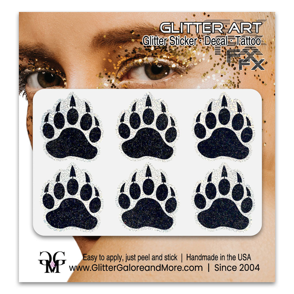 Bear Paws Glitter Sticker Tattoo, Made with Brilliant White Borders