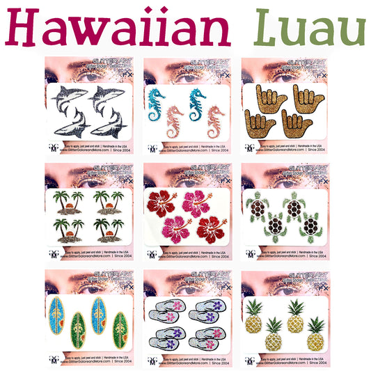 Collection of Hawaiian-themed temporary tattoos with various designs
.