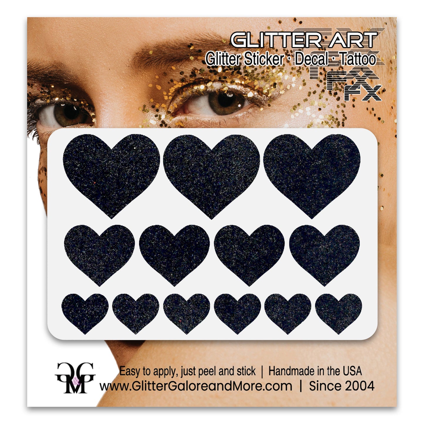 Black Glitter Heart Face Decals.