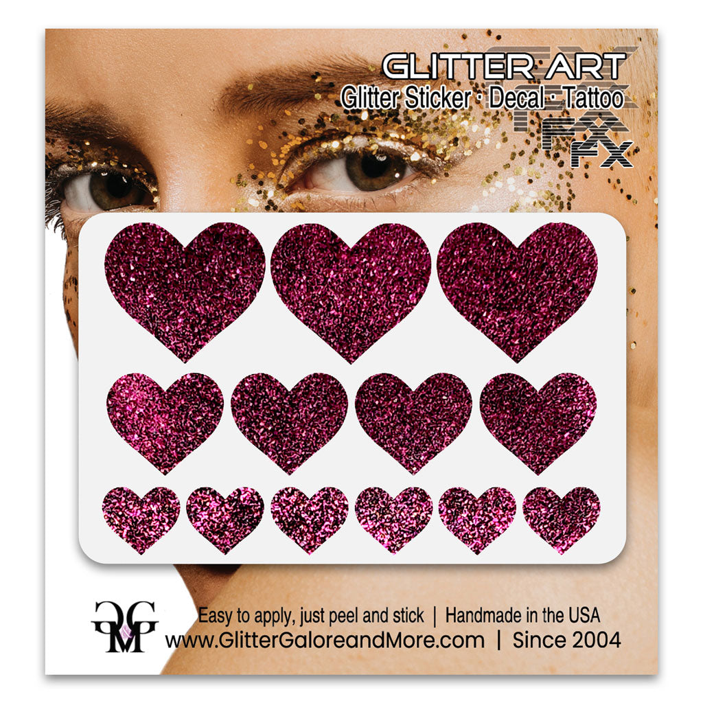 Heart Glitter Stickers, Multisize, 13 Stickers - Available in Brilliant Glitter Colors