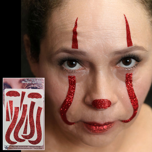 Evil Clown Glitter Sticker Tattoo, 2 Application Sticker Set