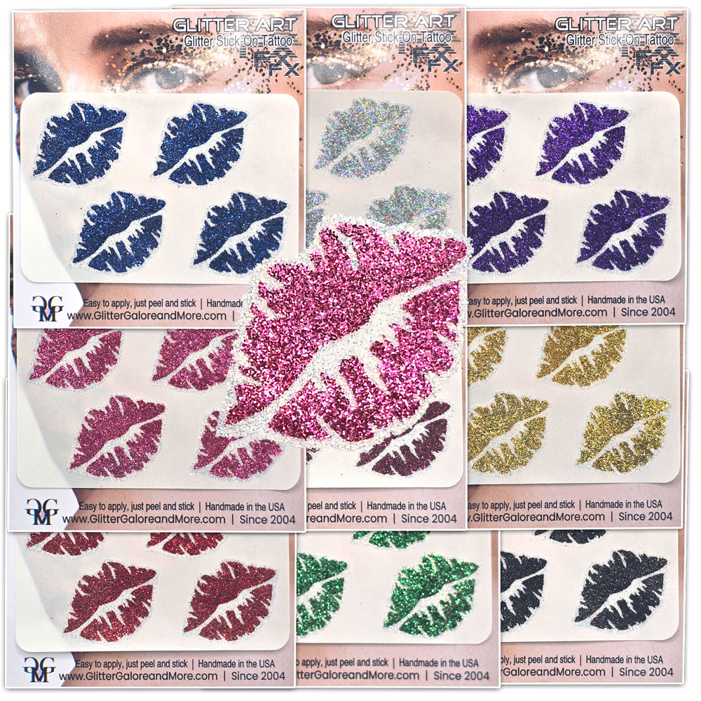 Kiss Lips Glitter Tattoo Stickers for Face and Body, 4 Pieces in Various Popular Glitter Colors