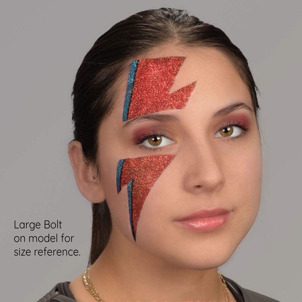 Ziggy Stardust two piece glitter bolt, large size on model.