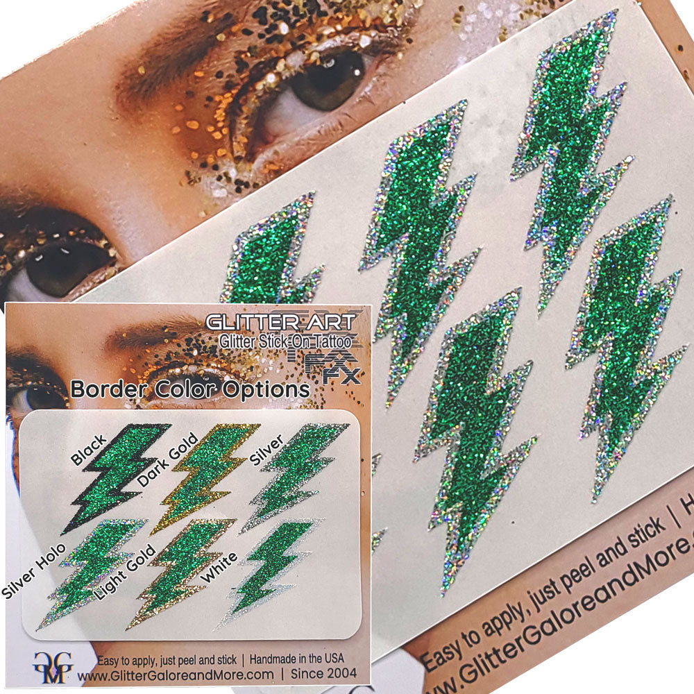 Green Lightning Bolts Glitter Sticker Tattoo, Custom Glitter Bolts for Cheer Teams, Lightning Bolts Decal - Two Color Way