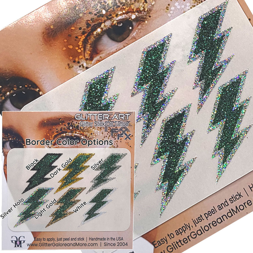Green Lightning Bolts Glitter Sticker Tattoo, Custom Glitter Bolts for Cheer Teams, Lightning Bolts Decal - Two Color Way