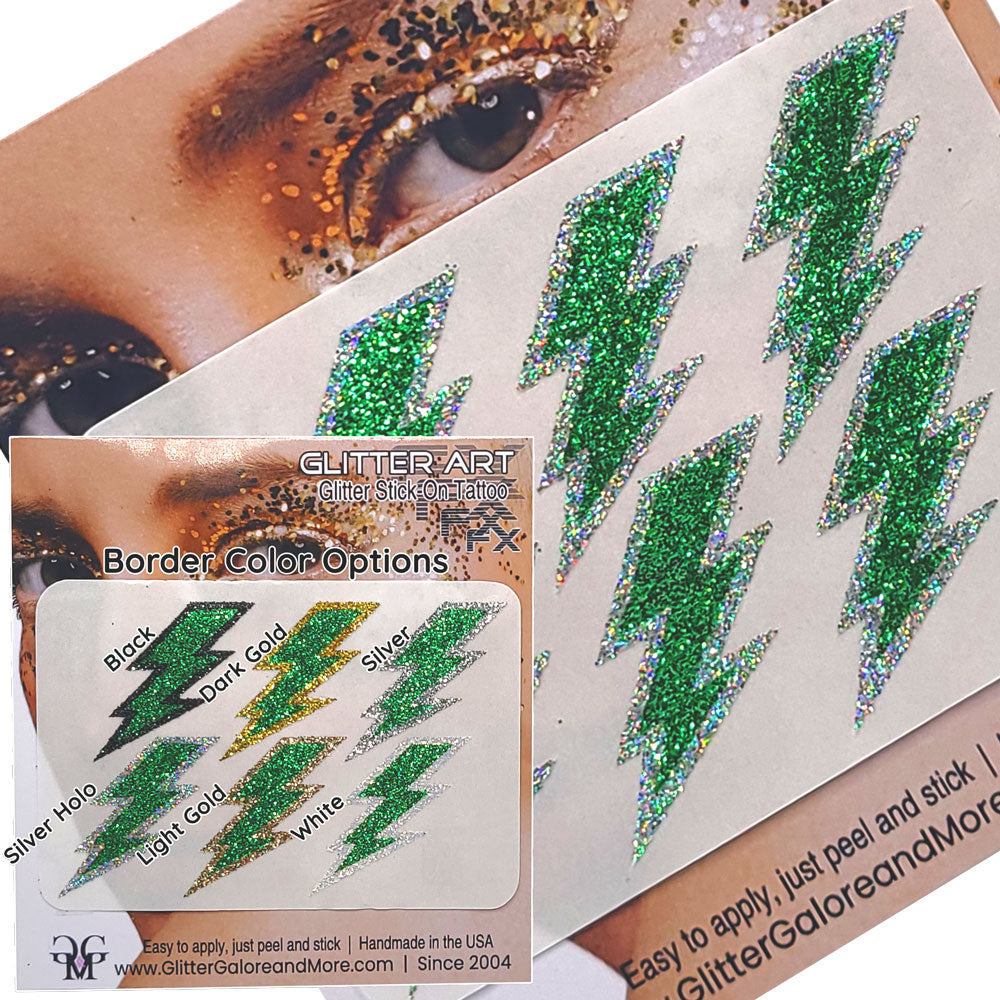 Green Lightning Bolts Glitter Sticker Tattoo, Custom Glitter Bolts for Cheer Teams, Lightning Bolts Decal - Two Color Way