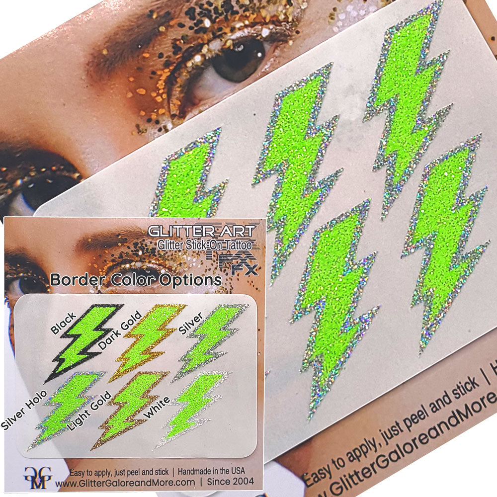 Green Lightning Bolts Glitter Sticker Tattoo, Custom Glitter Bolts for Cheer Teams, Lightning Bolts Decal - Two Color Way