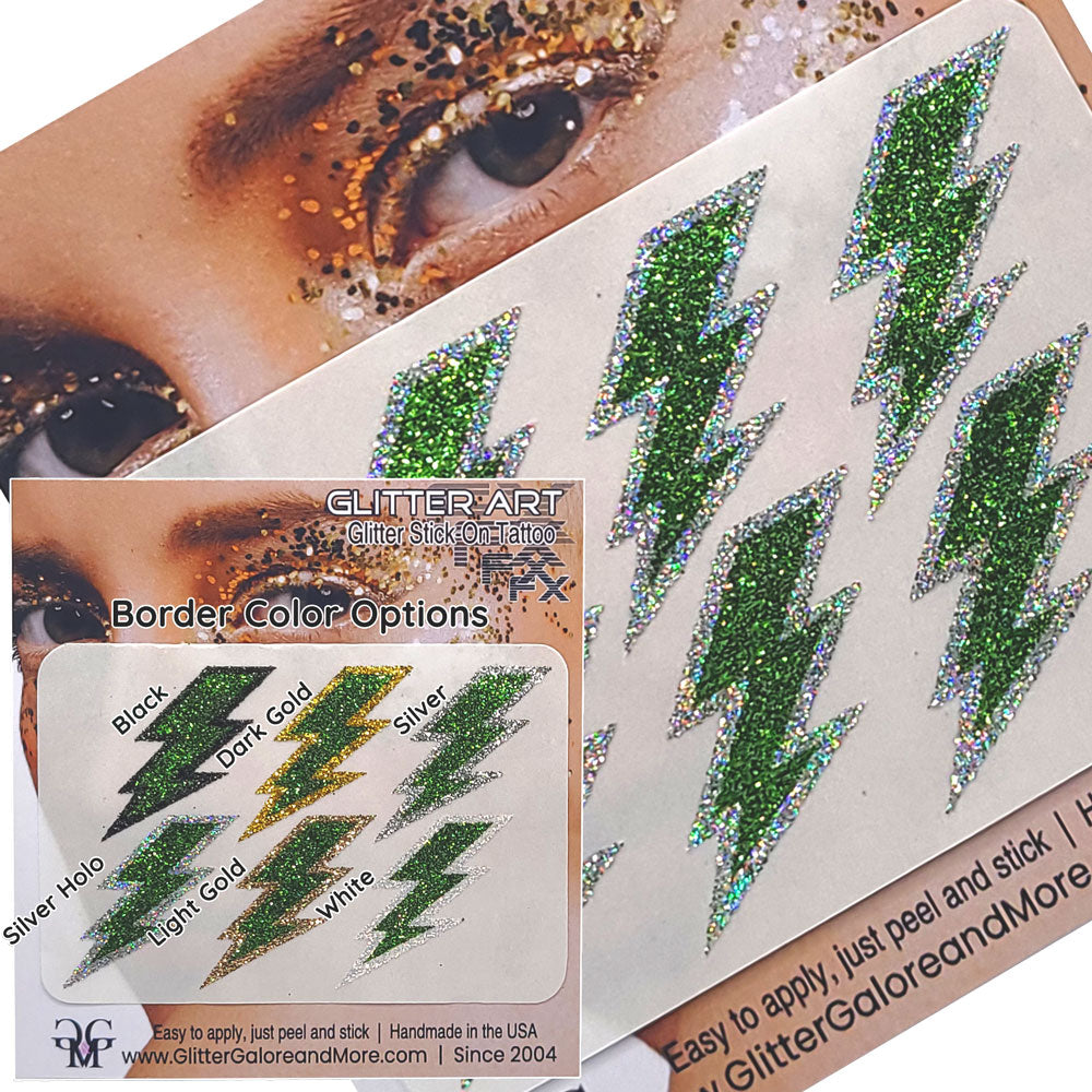 Green Lightning Bolts Glitter Sticker Tattoo, Custom Glitter Bolts for Cheer Teams, Lightning Bolts Decal - Two Color Way