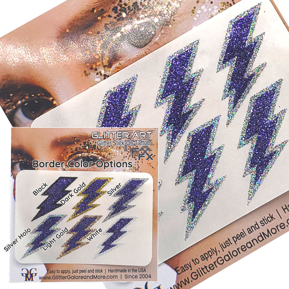 Purple Lightning Bolts Glitter Sticker Tattoo, Custom Glitter Bolts for Cheer Teams, Lightning Bolts Decal - Two Color Way