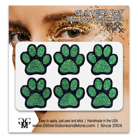 Glitter Paw Tattoo Stickers, Customizable Two Color Way, 1 Inch Diameter 6 Pieces, Black and White Borders