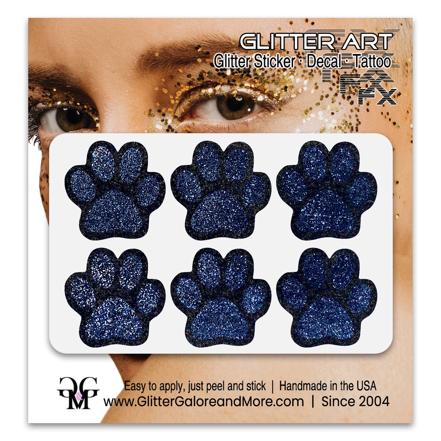 Glitter Paw Tattoo Stickers, Customizable Two Color Way, 1 Inch Diameter 6 Pieces, Black and White Borders