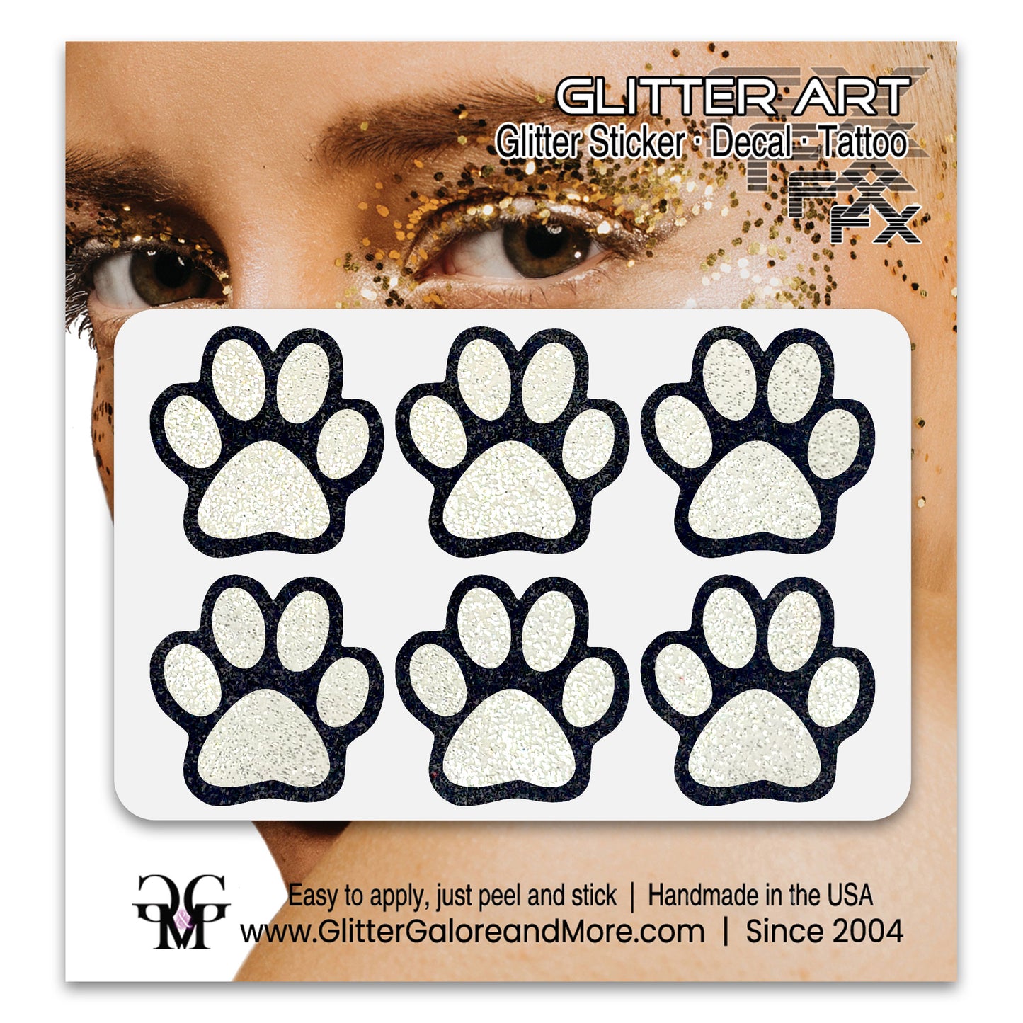 Glitter Paw Tattoo Stickers, Customizable Two Color Way, 1 Inch Diameter 6 Pieces, Black and White Borders