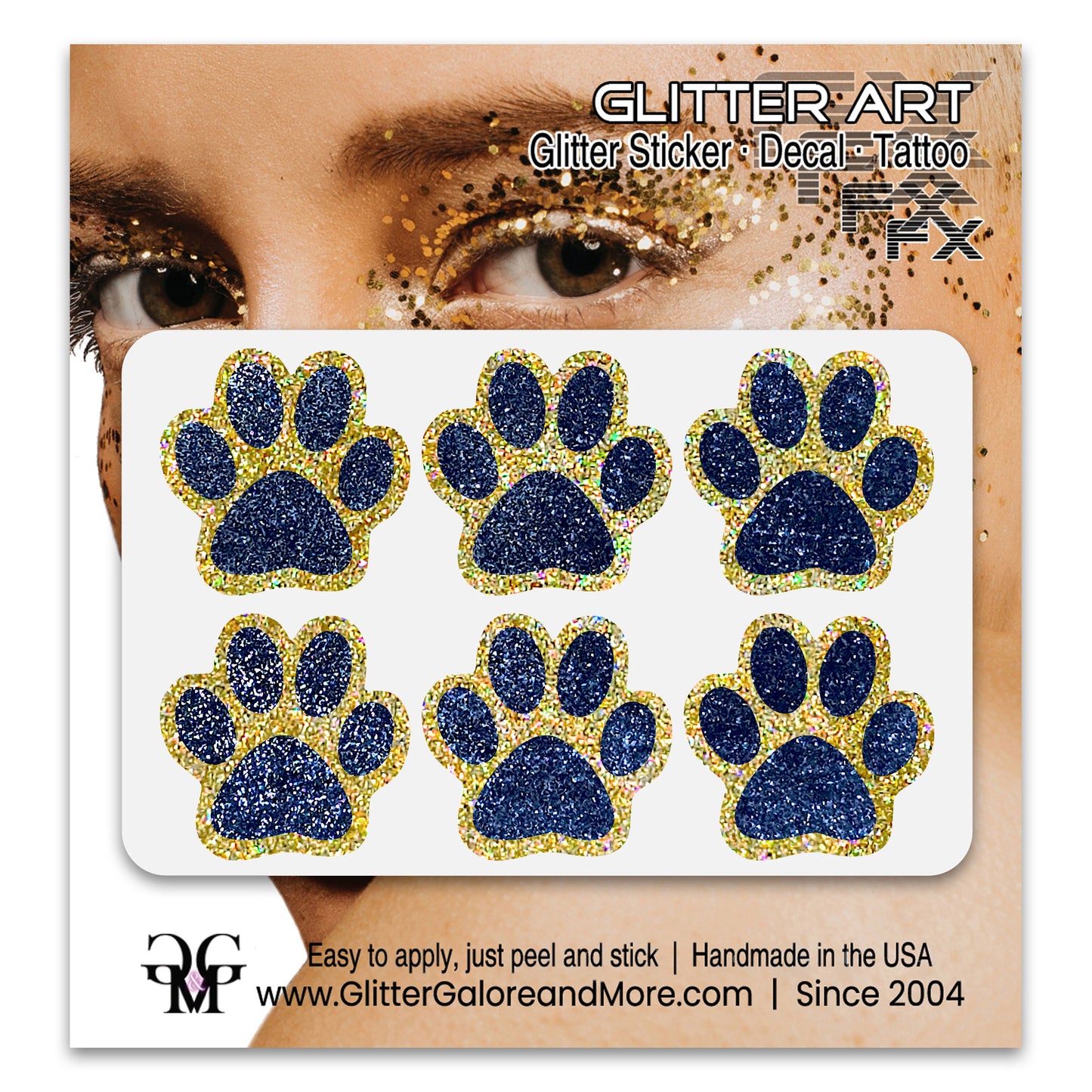 Glitter Paw Tattoo Stickers, Customizable Two Color Way, 1 Inch Diameter 6 Pieces - Silver and Gold Borders