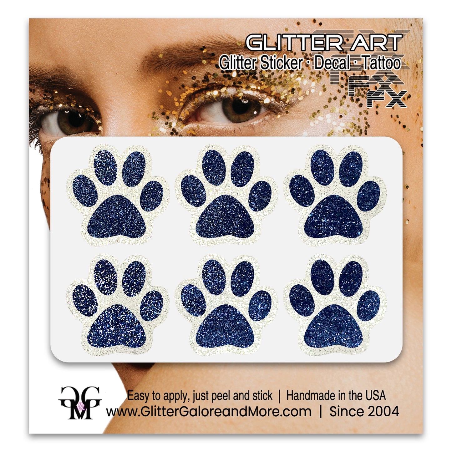 Glitter Paw Tattoo Stickers, Customizable Two Color Way, 1 Inch Diameter 6 Pieces, Black and White Borders