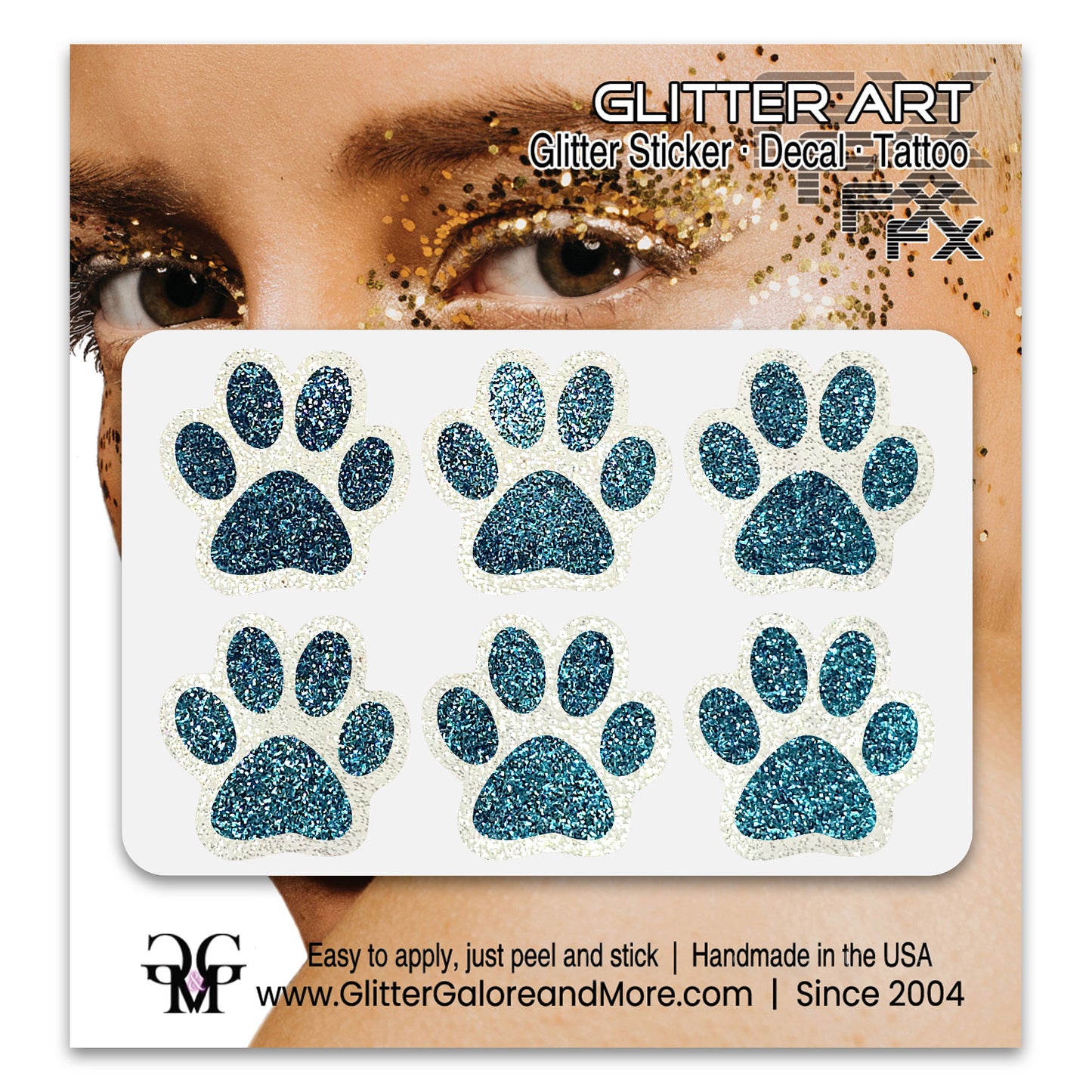 Glitter Paw Tattoo Stickers, Customizable Two Color Way, 1 Inch Diameter 6 Pieces, Black and White Borders
