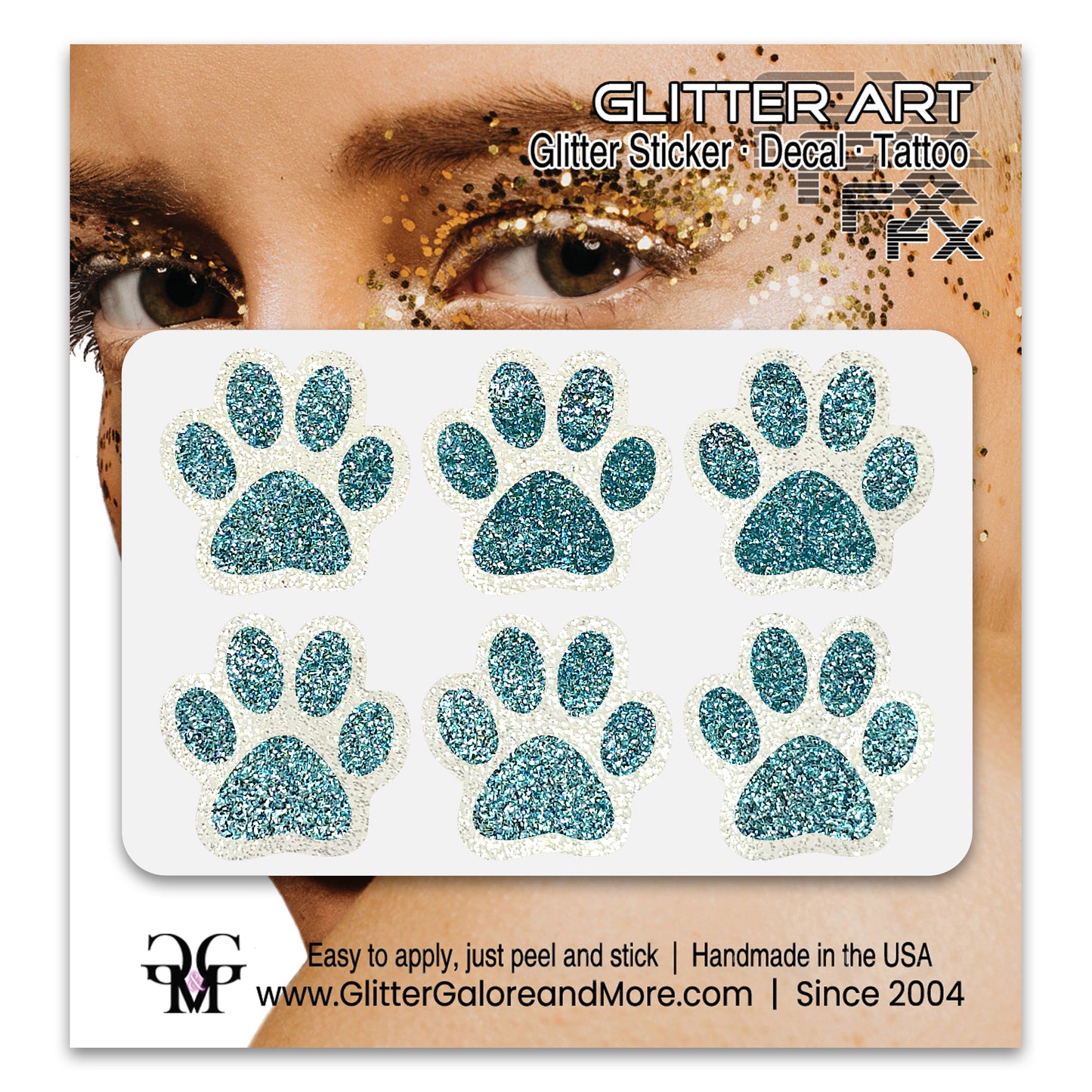 Glitter Paw Tattoo Stickers, Customizable Two Color Way, 1 Inch Diameter 6 Pieces, Black and White Borders