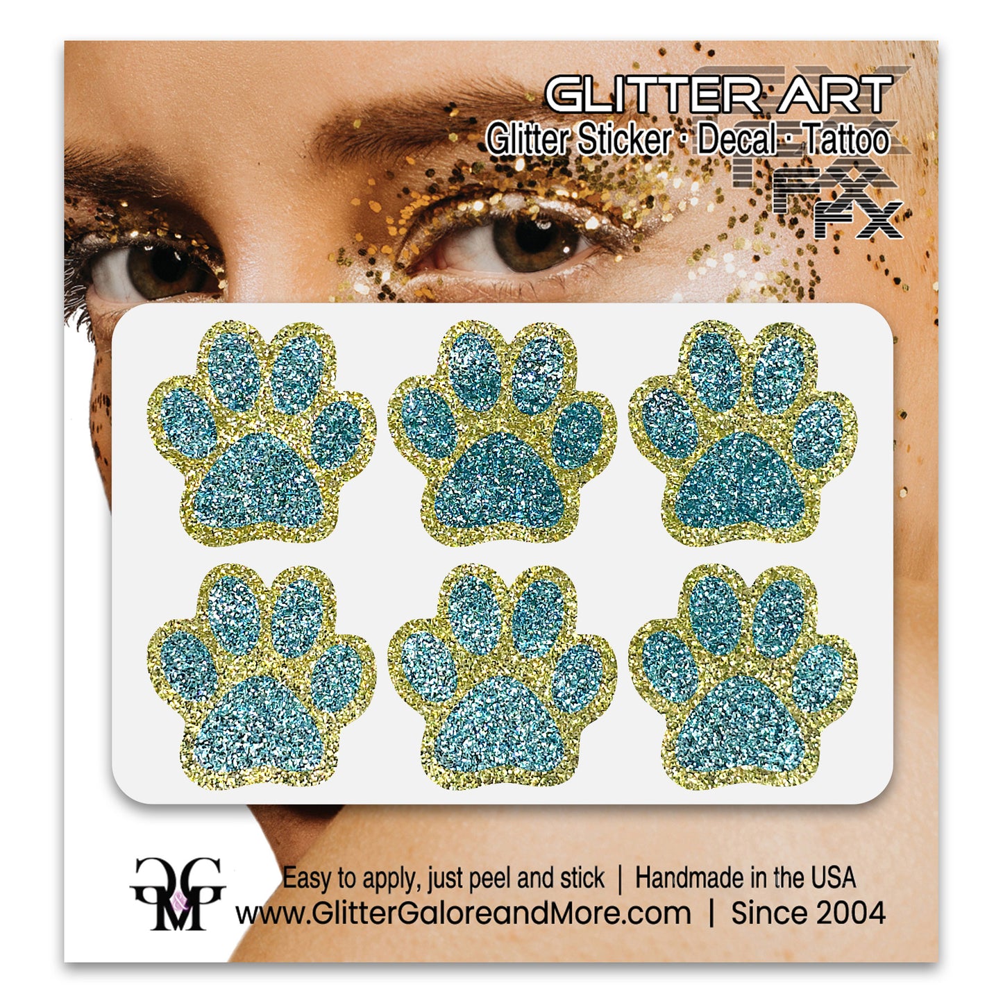 Glitter Paw Tattoo Stickers, Customizable Two Color Way, 1 Inch Diameter 6 Pieces - Silver and Gold Borders