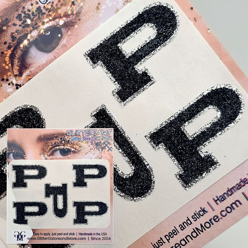 Permian P High School Athletics Glitter Sticker Tattoo in Black and Silver Glitter.