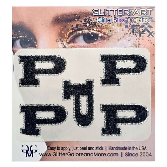 Permian P High School Athletics Glitter Sticker Tattoo in Black and Silver Glitter.