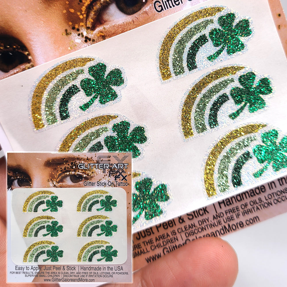St Patrick's Day Face and Body Glitter Stickers, Clovers, Rainbows, Pots of Gold, Leprechaun Hats