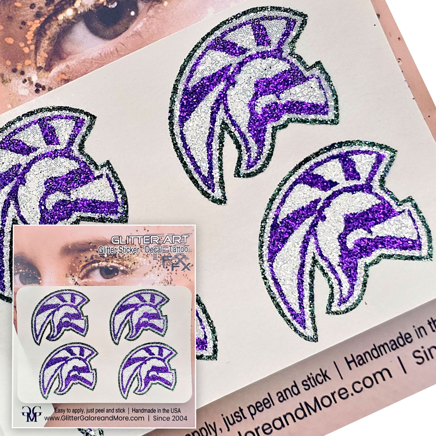 Edmonds Woodway High School Warriors 4 piece glitter tattoo stickers in dark green, bright purple and white glitter.