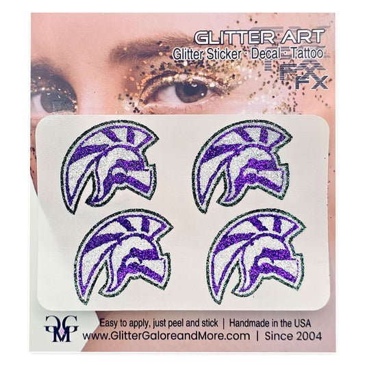Edmonds Woodway High School Warriors 4 piece glitter tattoo stickers in dark green, bright purple and white glitter.