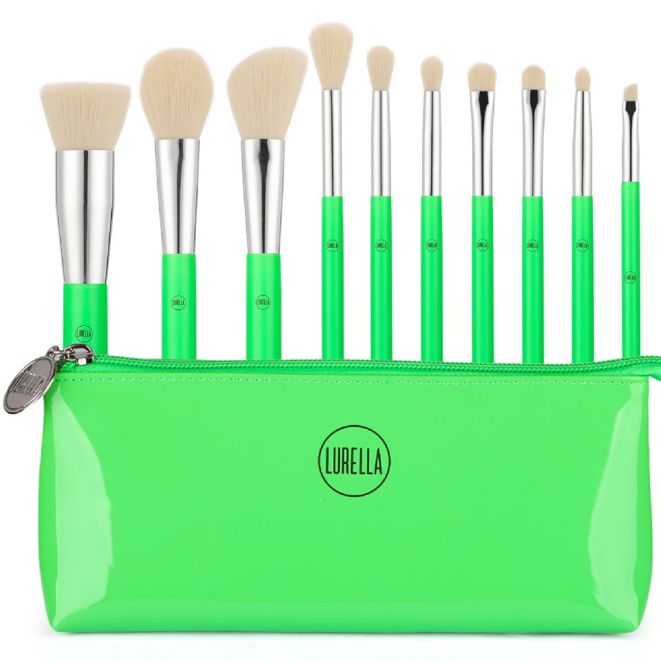 Neon Green Brush Set with Cosmetic Bag.