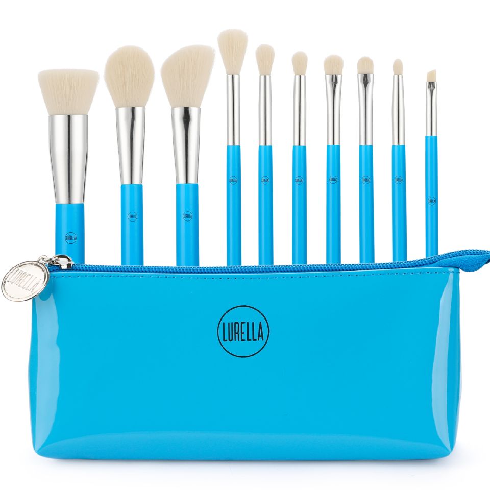 Neon Blue Brush Set 10 Pieces with Cosmetic Bag.