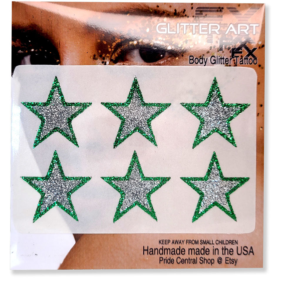 Glitter Stickers Stars 1 inch - Two Color Way - Silver Green