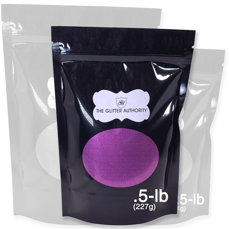 Violet bulk glitter in extra fine .008 hex. half-pound resealable bag.