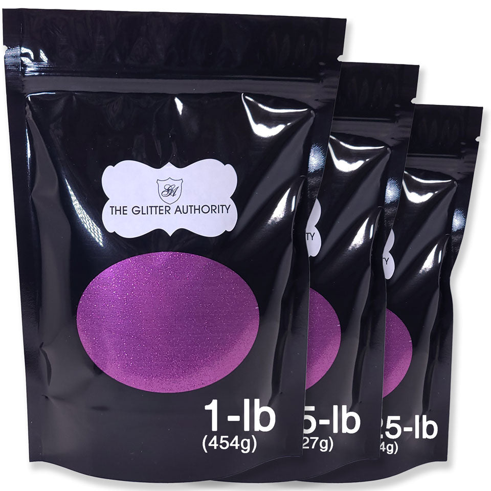 Violet bulk glitter in extra fine .008 hex cut. Available in one-pound, half-pound, and quarter-pound resealable bags.