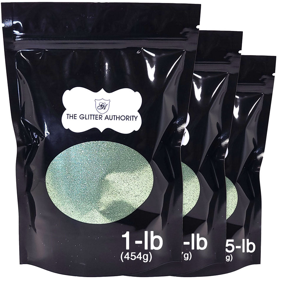 Sage green bulk glitter in extra fine .008 hex cut. Available in one-pound, half-pound, and quarter-pound resealable bags.