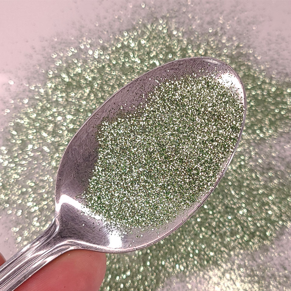 Sage green bulk glitter in extra fine .008 hex cut.