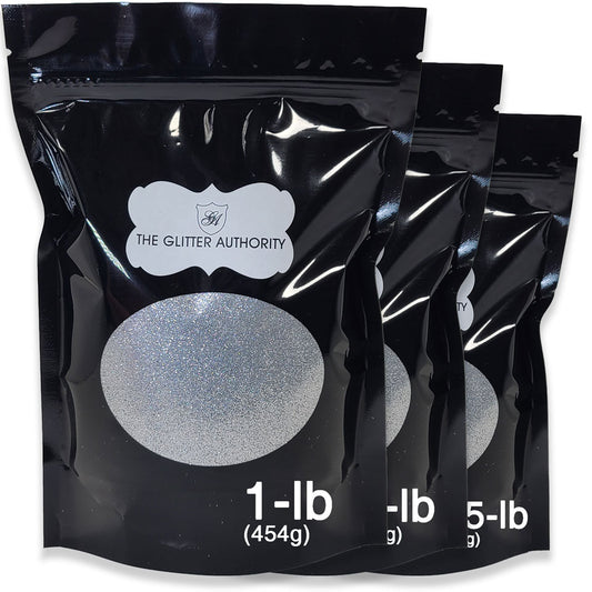 Silver bulk glitter in extra fine .008 hex cut.  Available in one-pound, half-pound, and quarter-pound resealable bags.