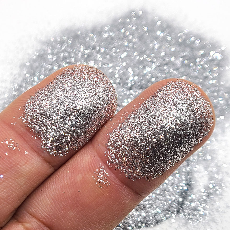 Silver bulk glitter in extra fine .008 hex cut.