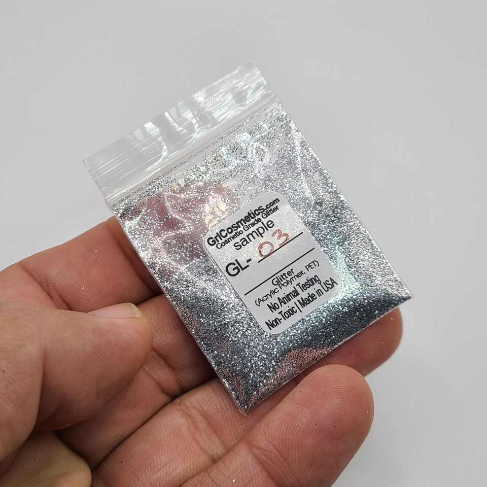 Extra fine silver glitter in .008 hex cut, 2 gram baggie.