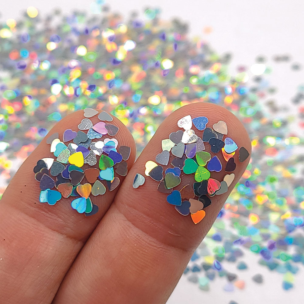 Glitter Confetti Hearts- Holographic Silver