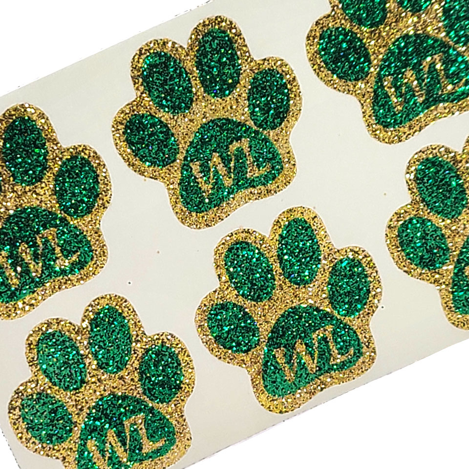 Glitter Paw Stickers, Green and Gold Glitter Colors, 1 Inch Diameter,  6 Pieces - Custom WL