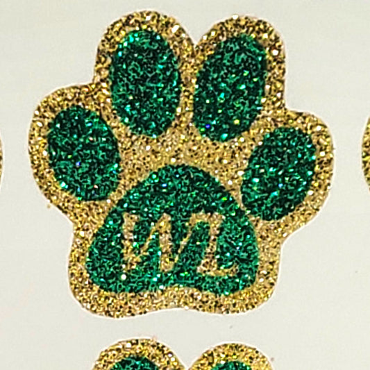 Glitter Paw Stickers, Green and Gold Glitter Colors, 1 Inch Diameter, 6 Pieces - Custom WL
