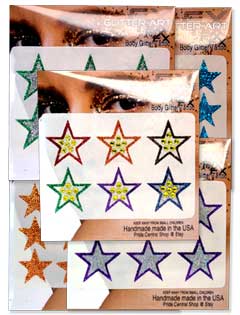 Tattoo Stickers made with cosmetic glitter for face and body. We use cosmetic grade glitters and safe and non-toxic adhesive.