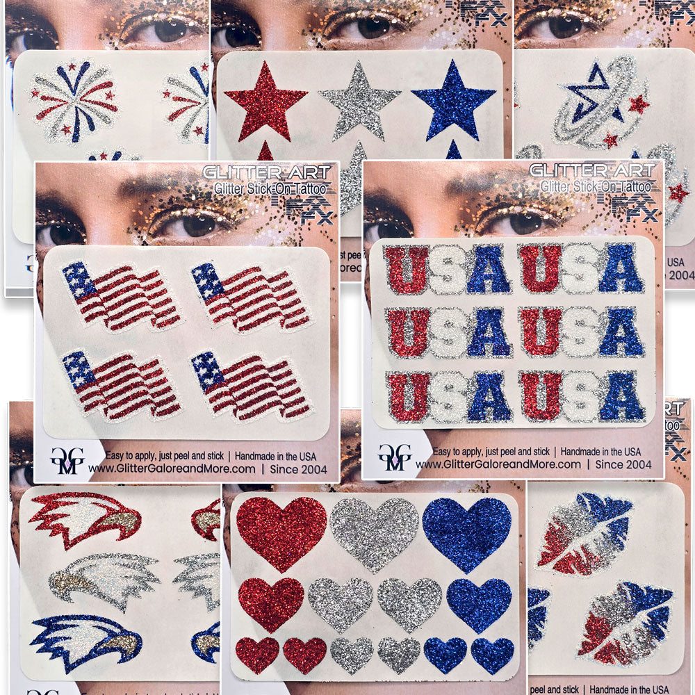 USA 4th of July Temporary Glitter Sticker Tattoos, America Face Tattoos