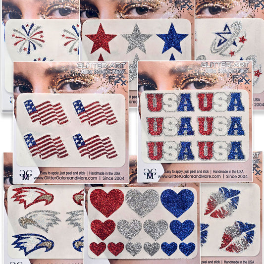 USA 4th of July Temporary Glitter Sticker Tattoos, America Face Tattoos