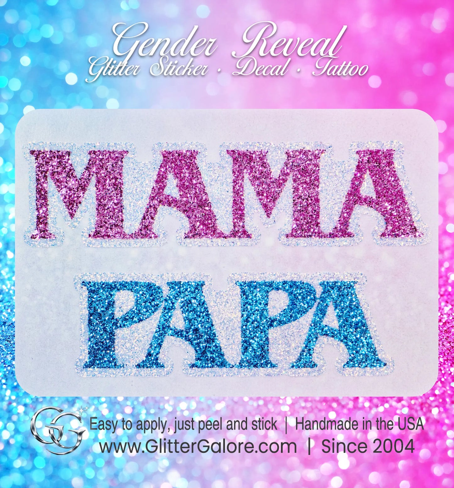Custom glitter decals for parents-to-be with "Mama" and "Papa" text in blue and pink glitter styles for baby reveal parties.