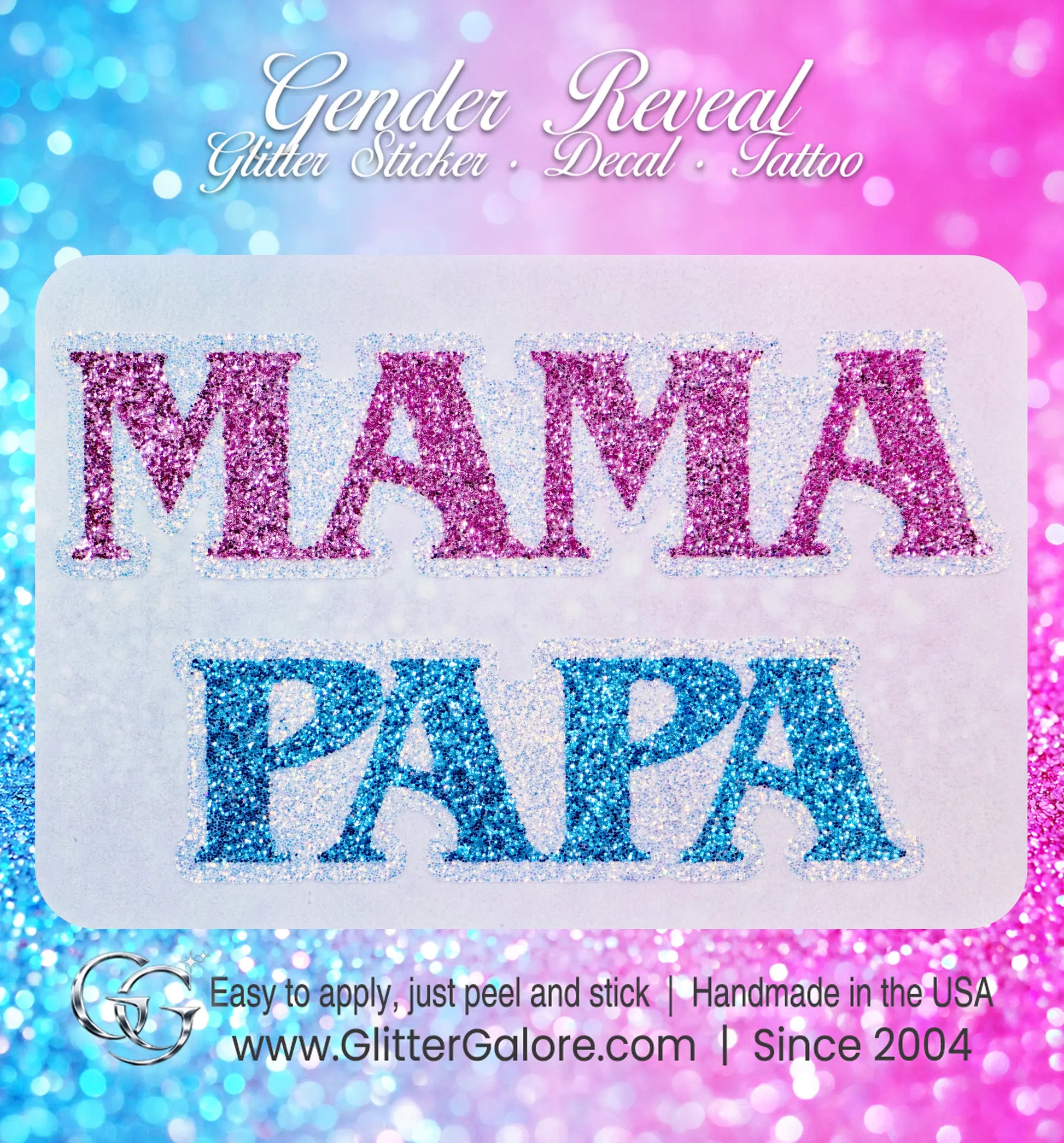 Custom glitter decals for parents-to-be with "Mama" and "Papa" text in blue and pink glitter styles for baby reveal parties.