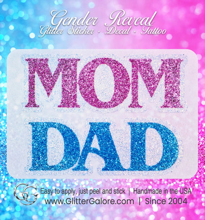 Custom glitter decals for parents-to-be with "Mom" and "Dad" text in blue and pink glitter styles for baby reveal parties.