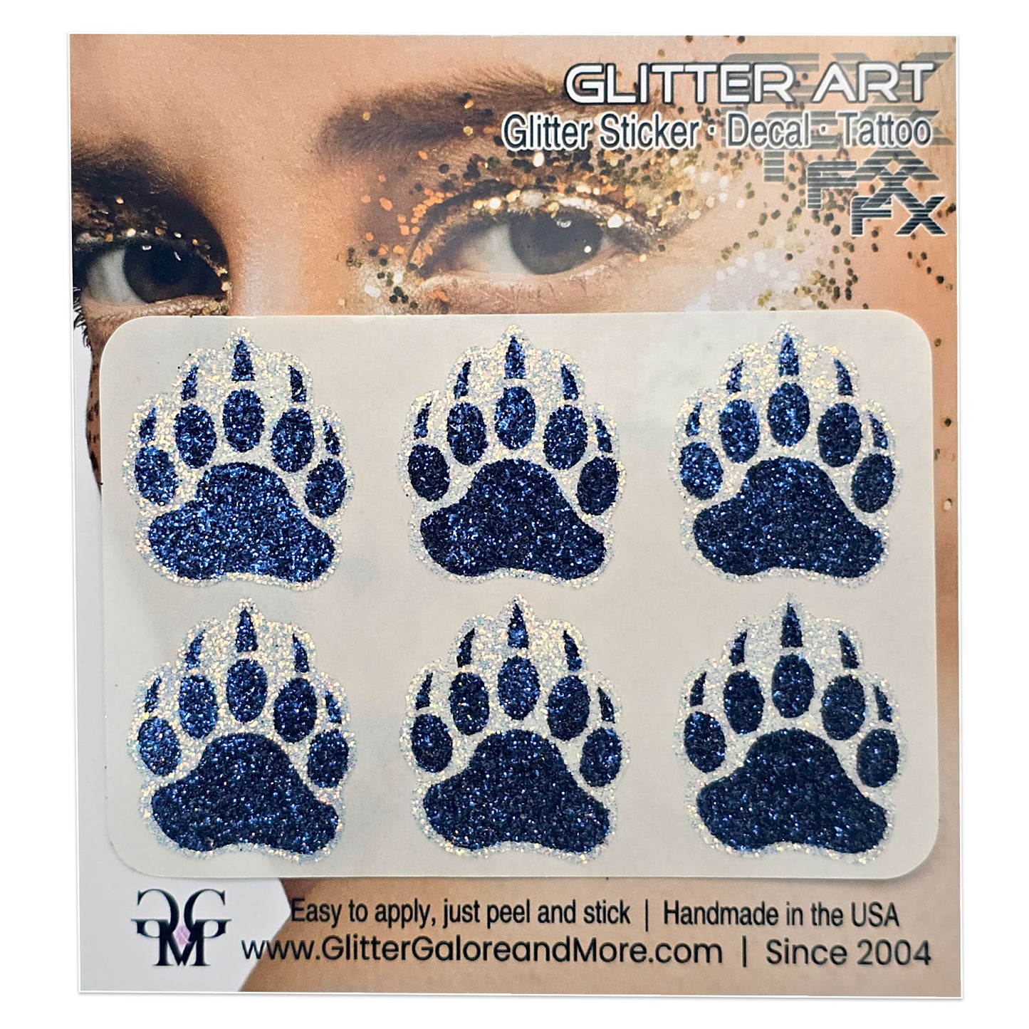 Bear paw sticker tattoos with navy blue glitter.