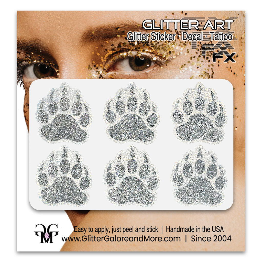 Bear Paws Glitter Sticker Tattoo, Made with Brilliant White Borders